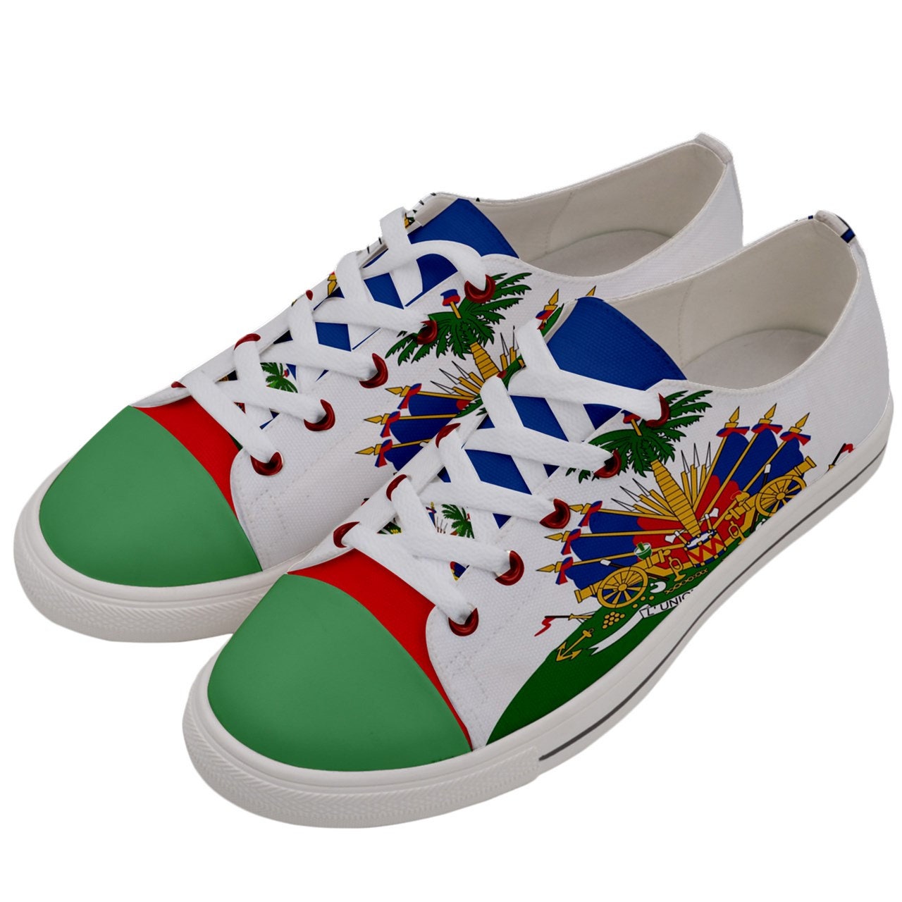 Unique Haiti Flag Coat of Arms Men's and Womens Canvas Sneakers