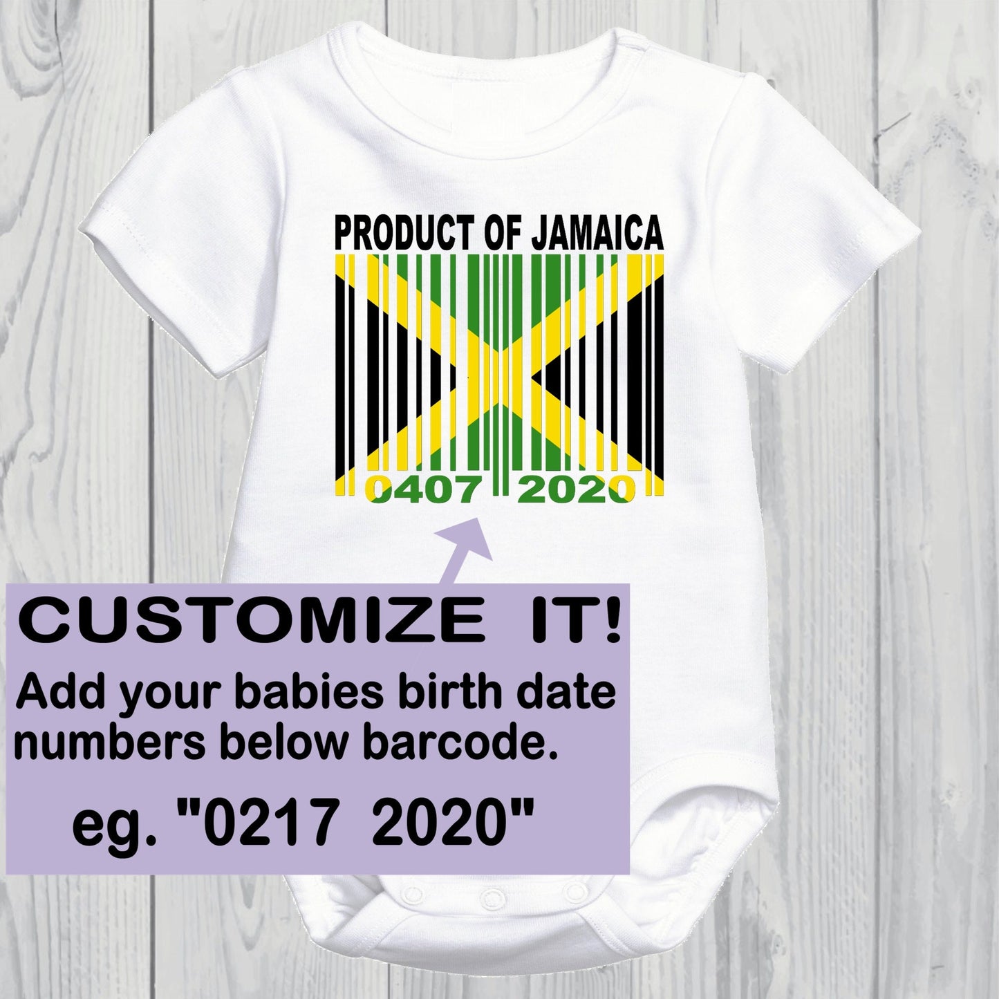 Product of Jamaica Newborn Baby Onesie With Custom Birth date