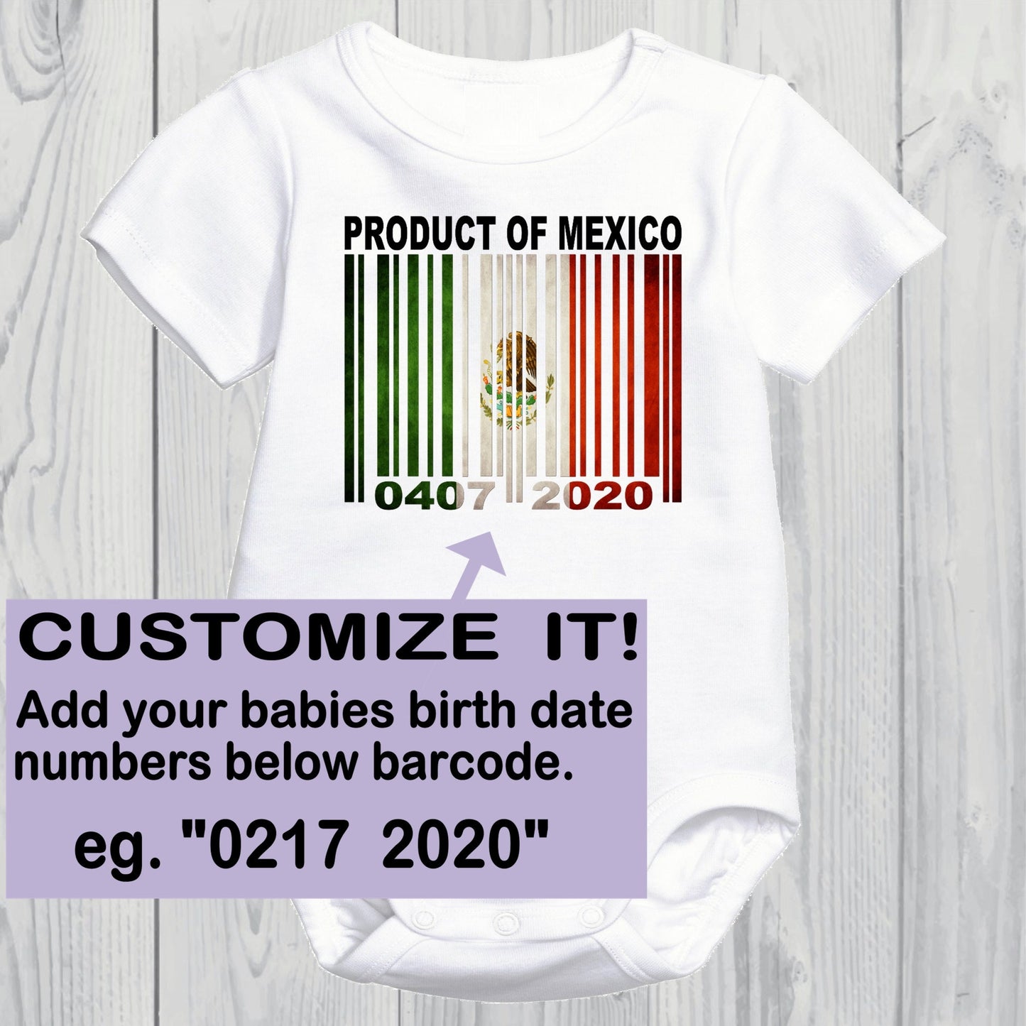 Product of Mexico Newborn Baby Onesie With Custom Birth date