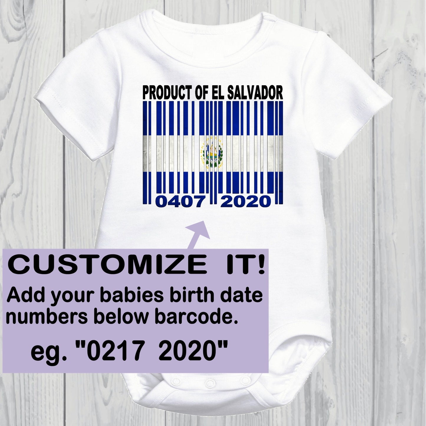 Product of El Salvador Newborn Baby Onesie With Custom Birth date