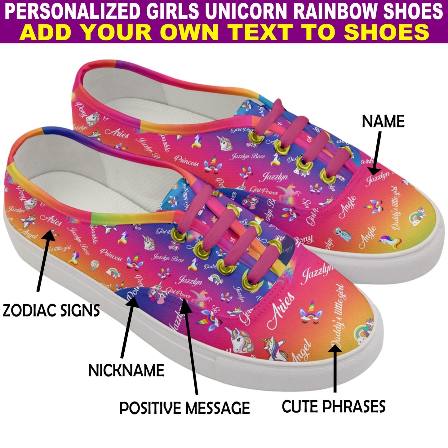 Unicorn Pony *Add Your Own Text Unique Customized Girl Shoes
