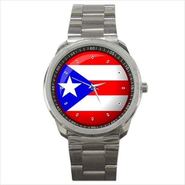Puerto Rico Flag Stainless Steel Silver or Black Metal Mens Photo Watch