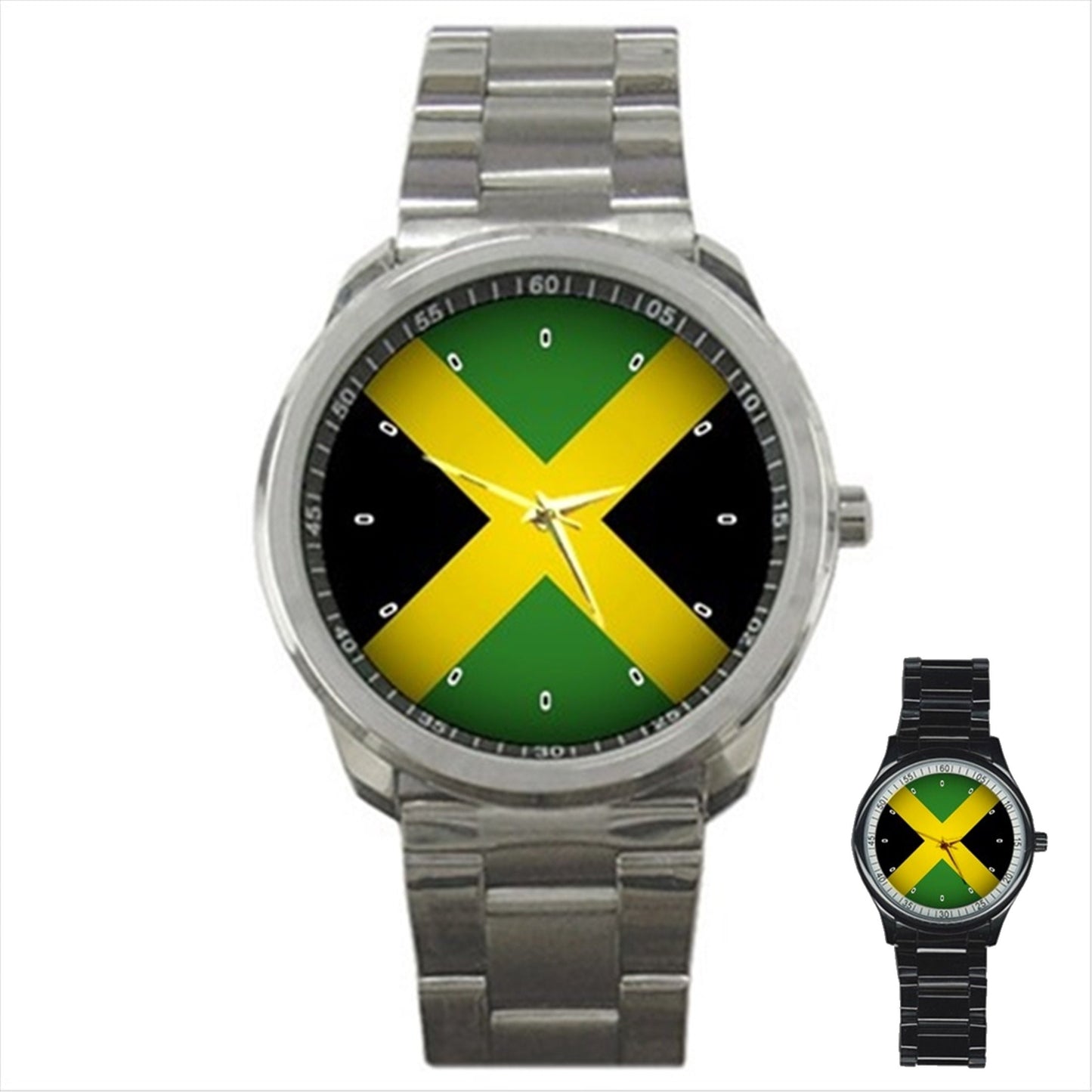 Jamaica Flag Stainless Steel Silver or Black Metal Mens Photo Watch