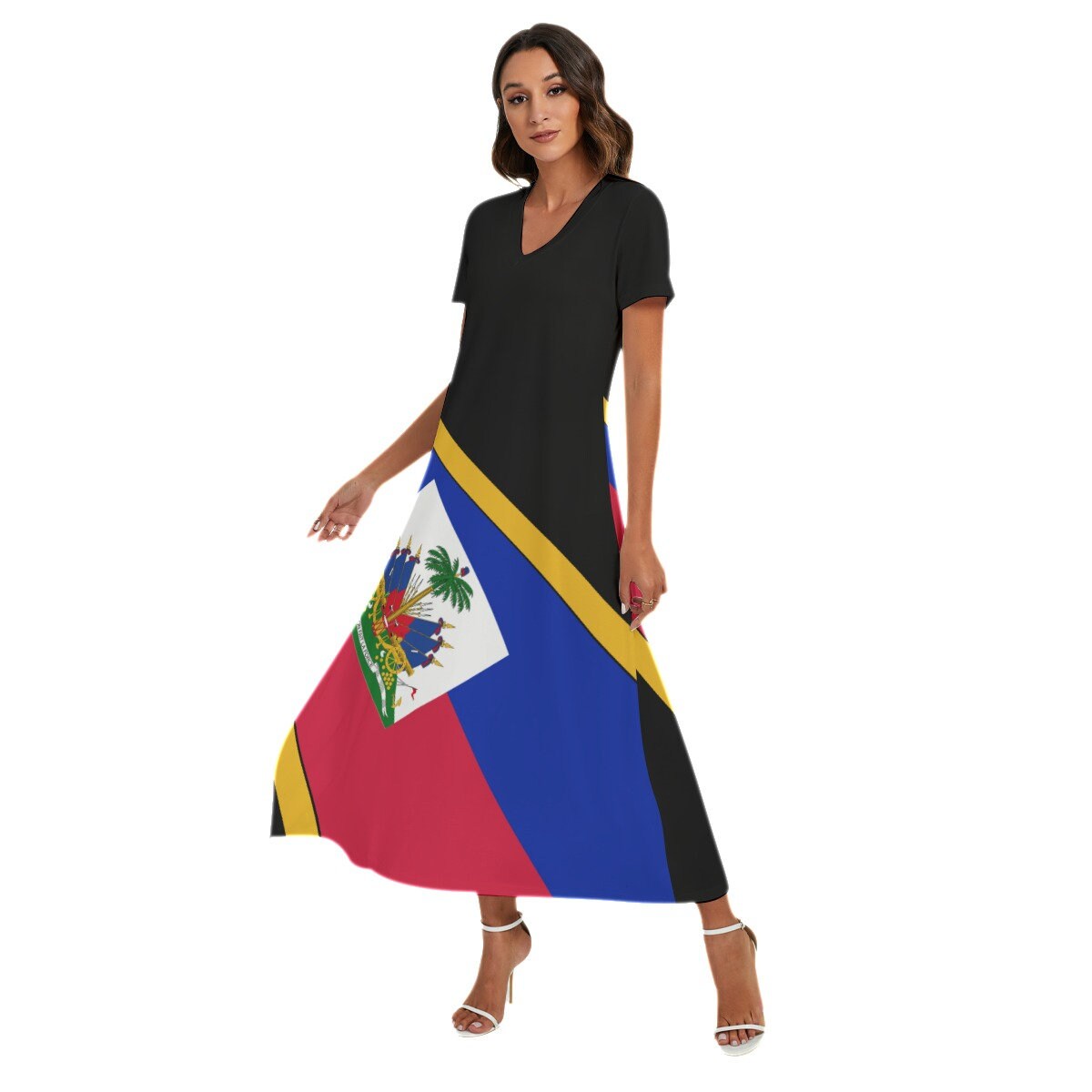 Haiti Flag Women's V-neck Dress With Side Slit