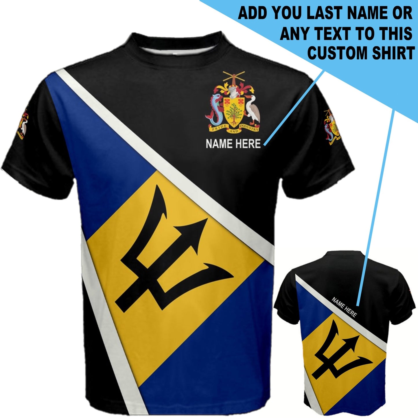 Custom Name Barbados Flag Coat of Arms Men's or Kids T-shirt