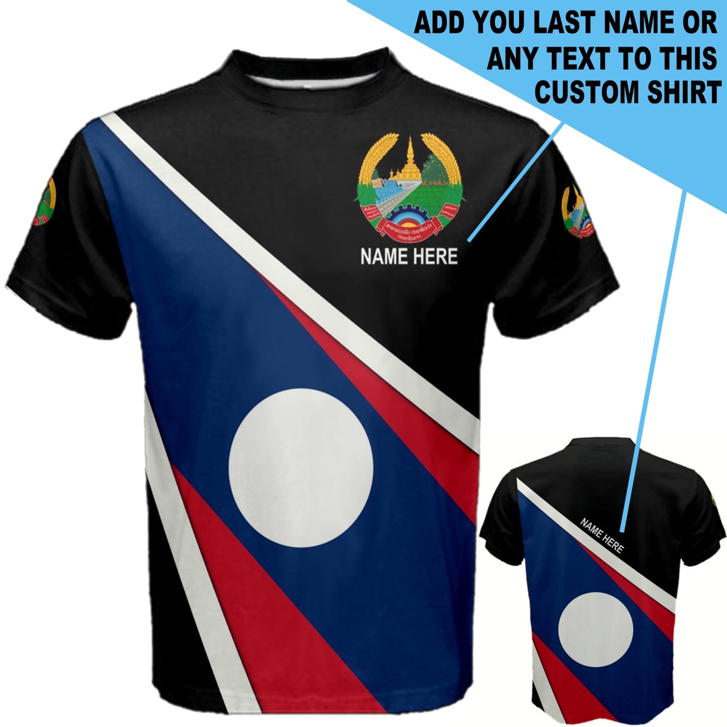 Custom Name Laos Flag Coat of Arms Men's or Kids T-shirt