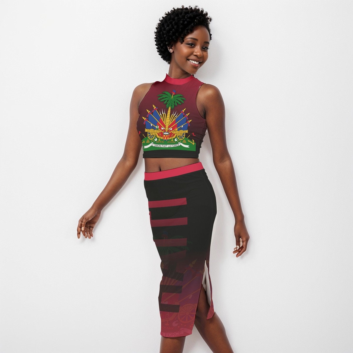 Haiti Coat of Arms Red Women's Tank Top & Split High Skirt Set