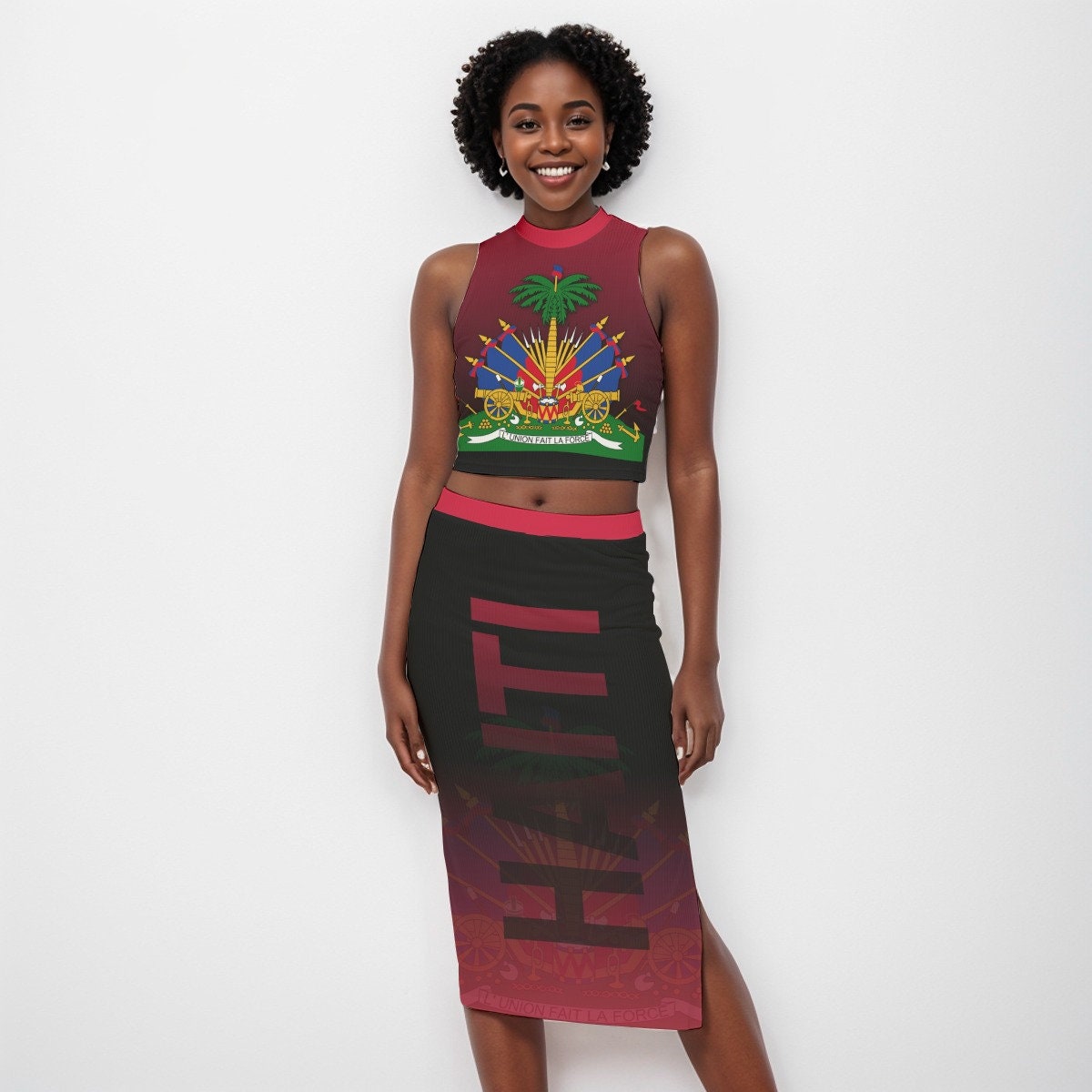 Haiti Coat of Arms Red Women's Tank Top & Split High Skirt Set