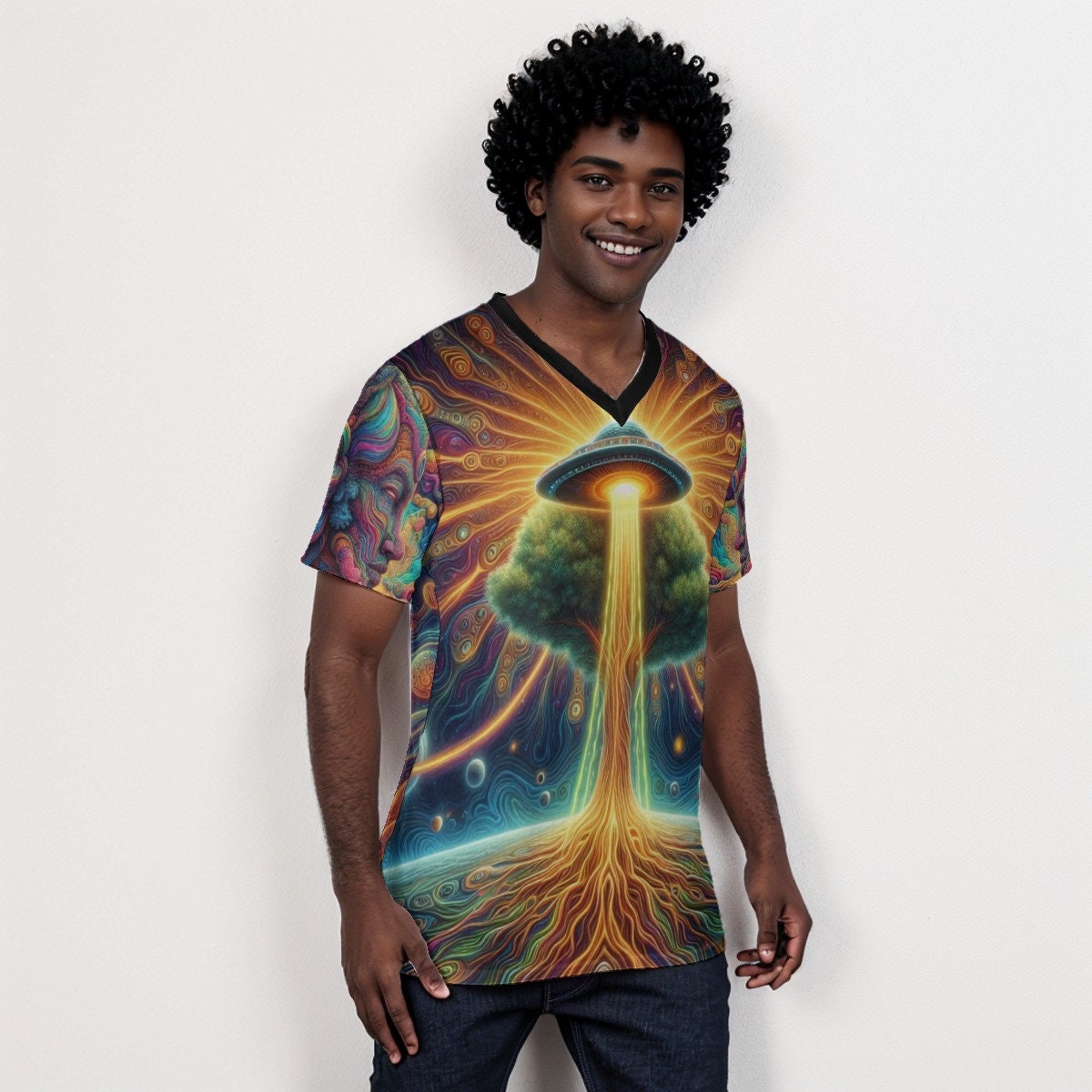 Psychedelic Trippy UFO Earth Art V-Neck T-Shirt