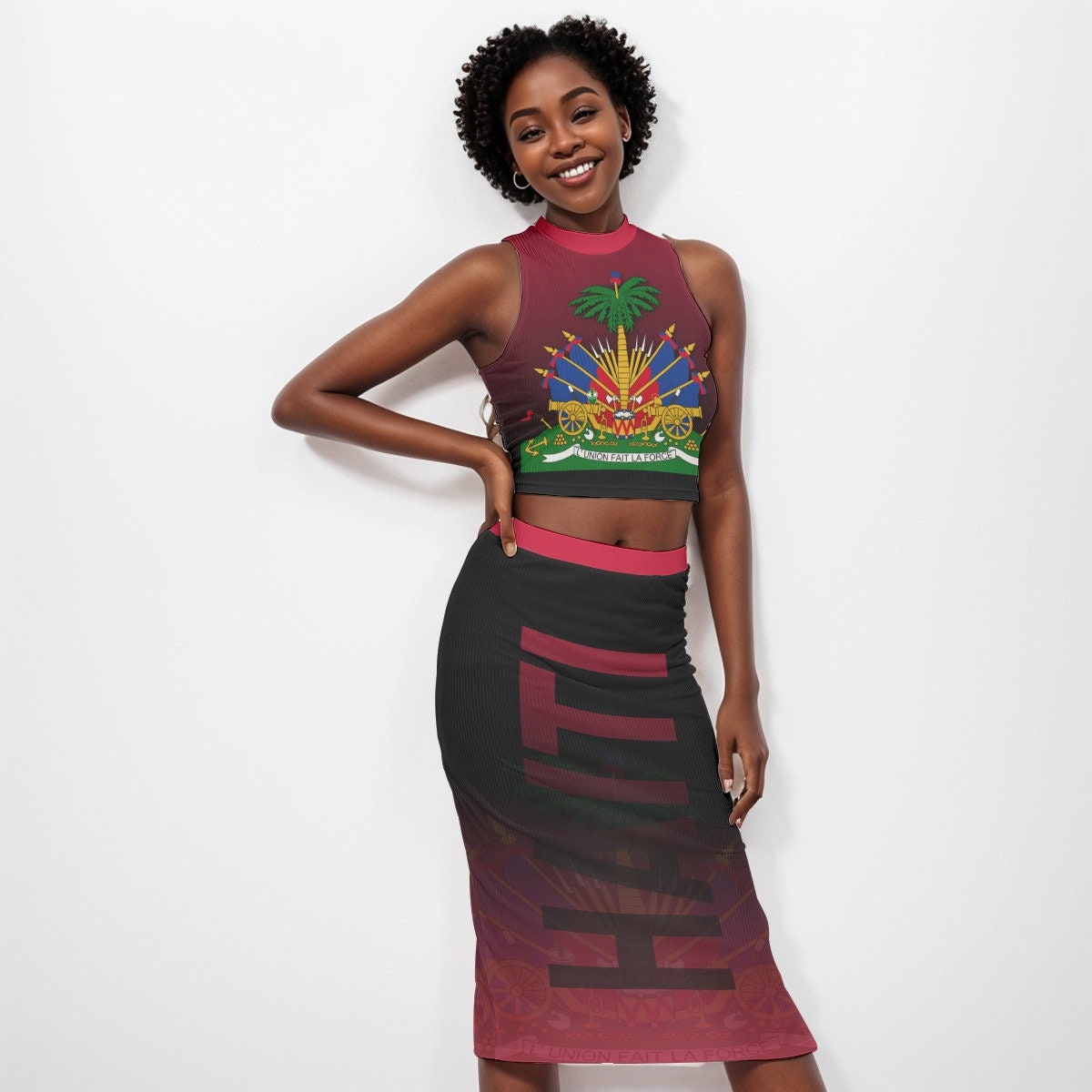 Haiti Coat of Arms Red Women's Tank Top & Split High Skirt Set