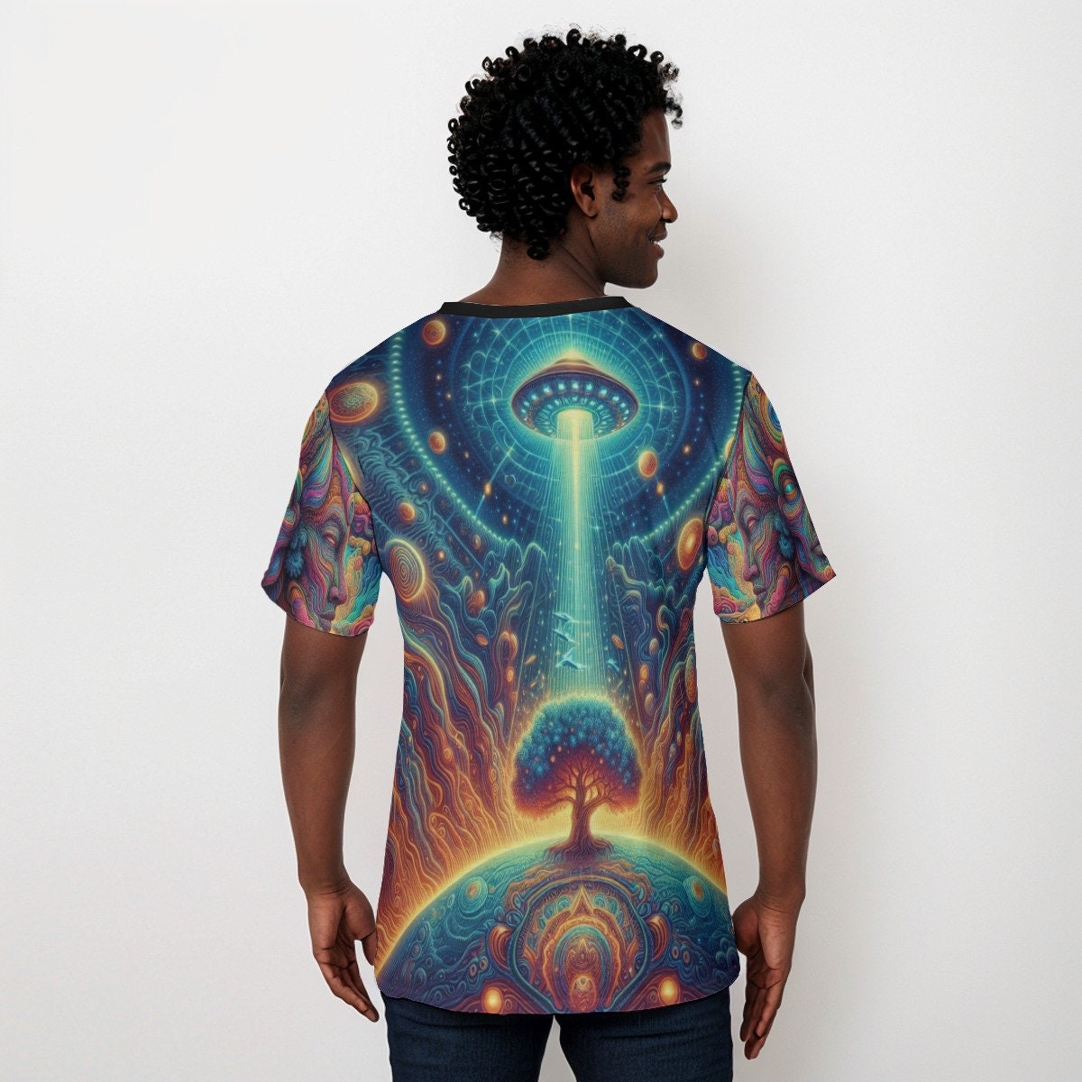 Psychedelic Trippy UFO Earth Art V-Neck T-Shirt