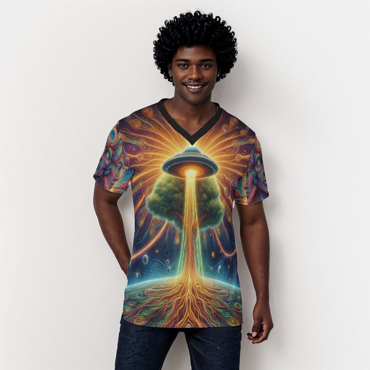 Psychedelic Trippy UFO Earth Art V-Neck T-Shirt