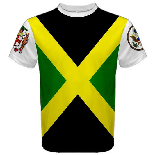Jamaican/United States Multi Flag and Coat of Arms T-shirt