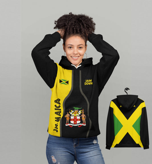 Jamaica Flag Sports Pullover Coat of Arms Black Hoodie