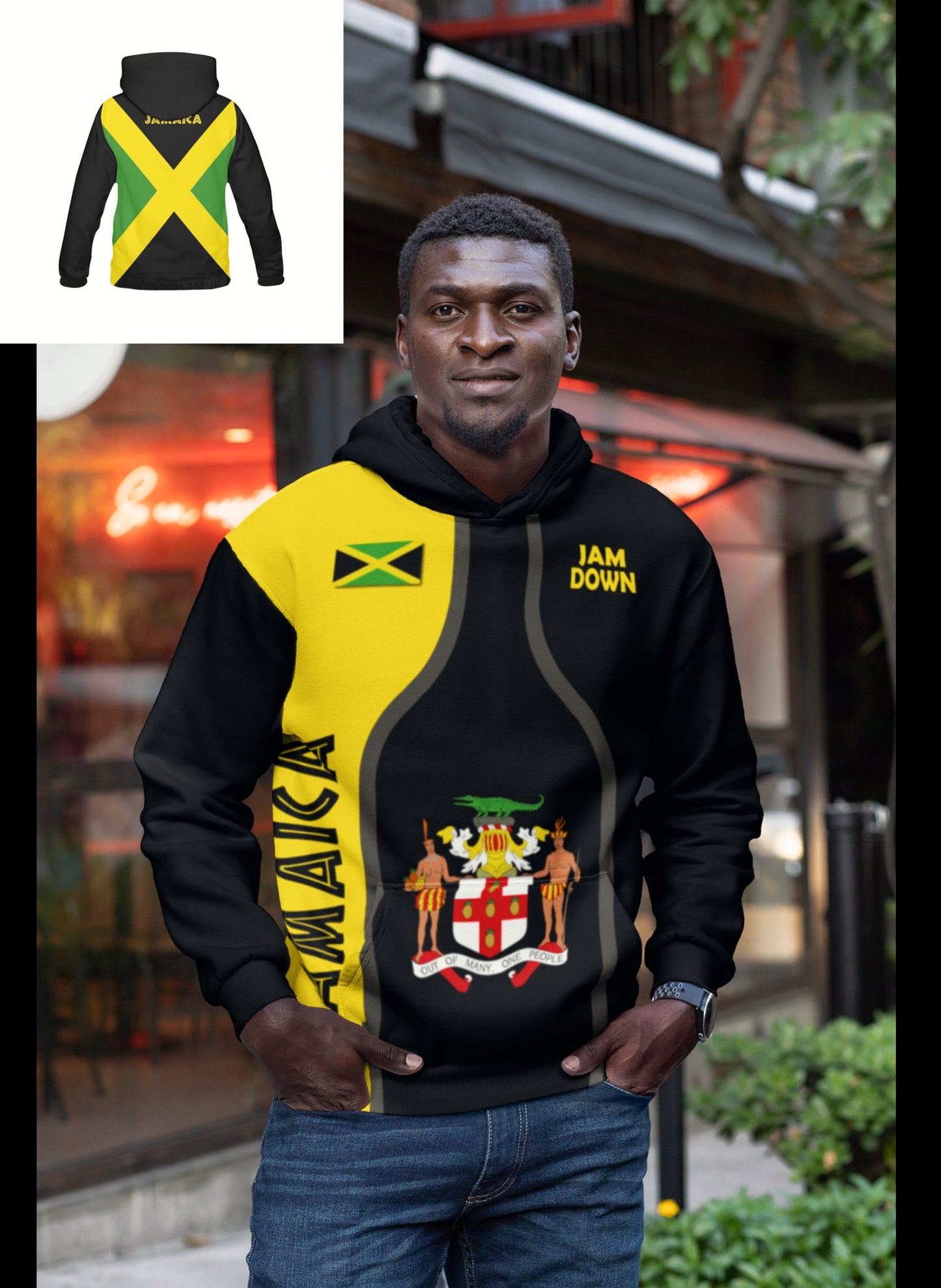 Jamaica Flag Sports Pullover Coat of Arms Black Hoodie
