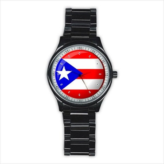 Puerto Rico Flag Stainless Steel Silver or Black Metal Mens Photo Watch