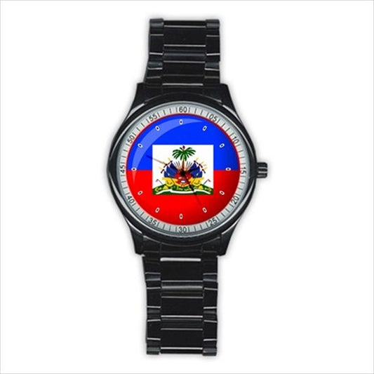 Haiti Flag Stainless Steel Silver or Black Metal Mens Photo Watch