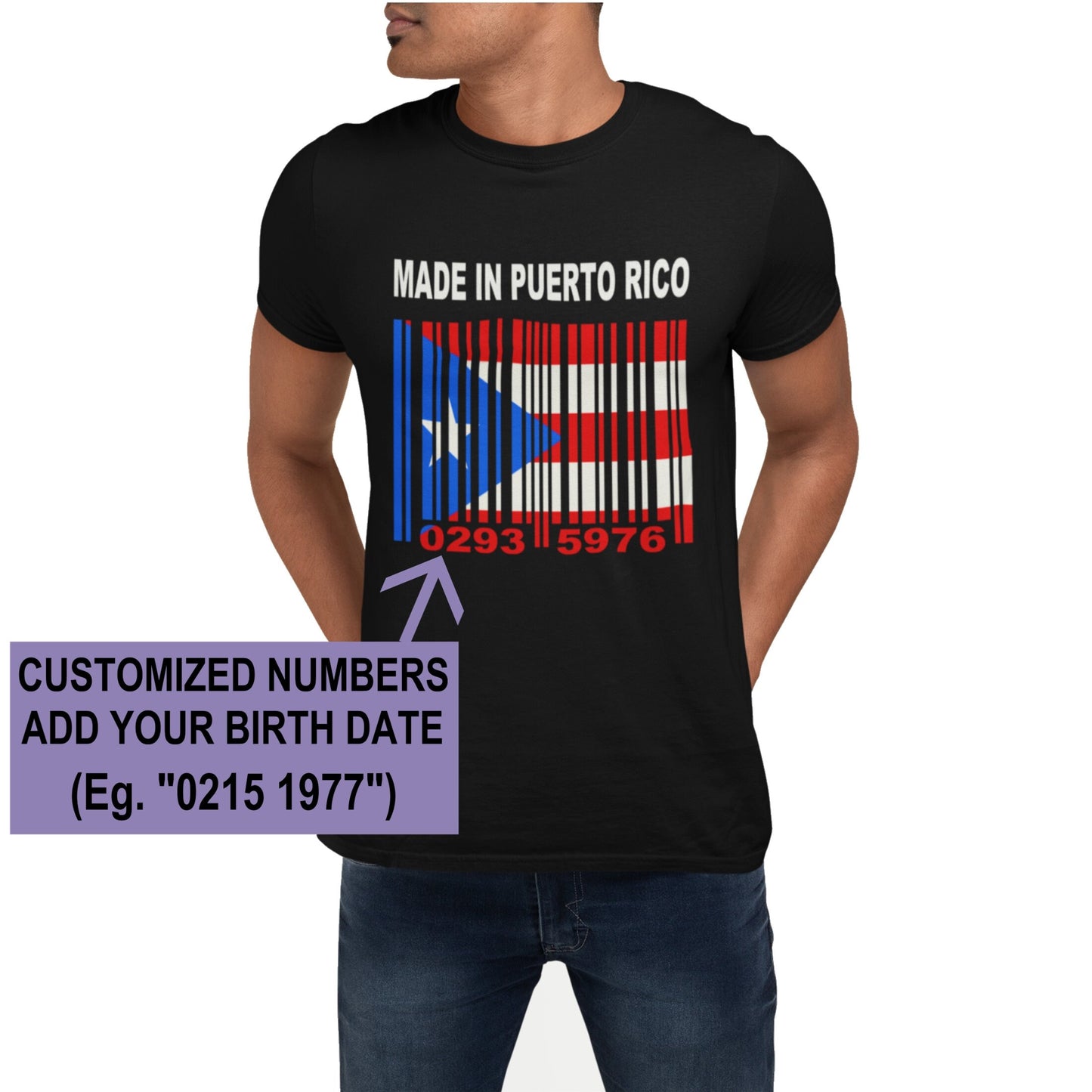 Puerto Rico Add Your Birth Date to Barcode Numbers Flag Personalized T-shirt