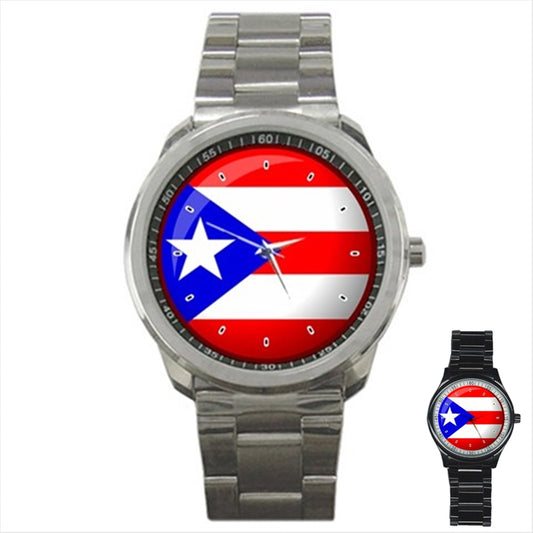 Puerto Rico Flag Stainless Steel Silver or Black Metal Mens Photo Watch