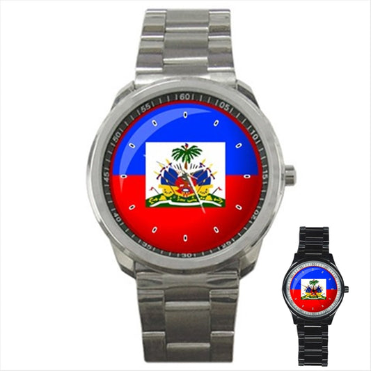 Haiti Flag Stainless Steel Silver or Black Metal Mens Photo Watch
