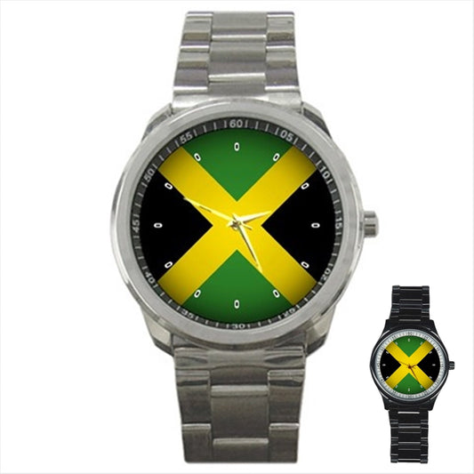 Jamaica Flag Stainless Steel Silver or Black Metal Mens Photo Watch