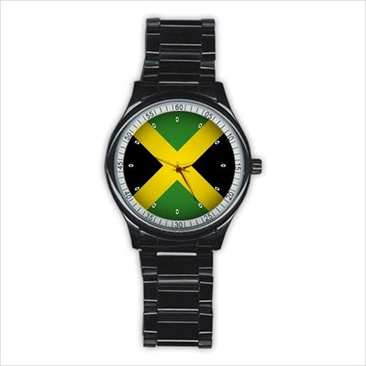 Jamaica Flag Stainless Steel Silver or Black Metal Mens Photo Watch