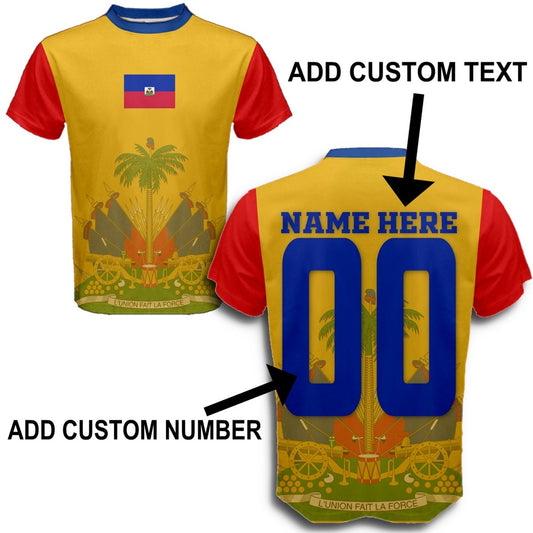 Custom Name Jersey Number Haiti Coat of Arms Flag T-shirt