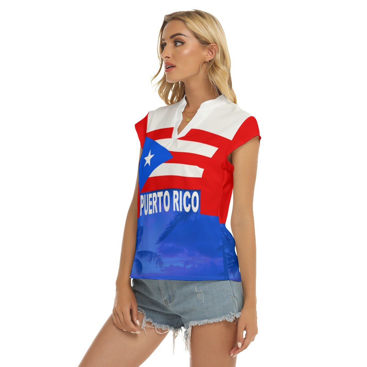 Puerto Rico Women's Stacked V-neck Short Sleeve Blouse