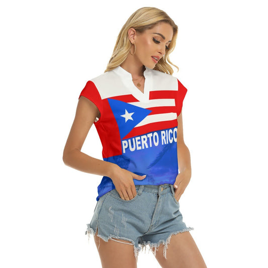 Puerto Rico Women's Stacked V-neck Short Sleeve Blouse