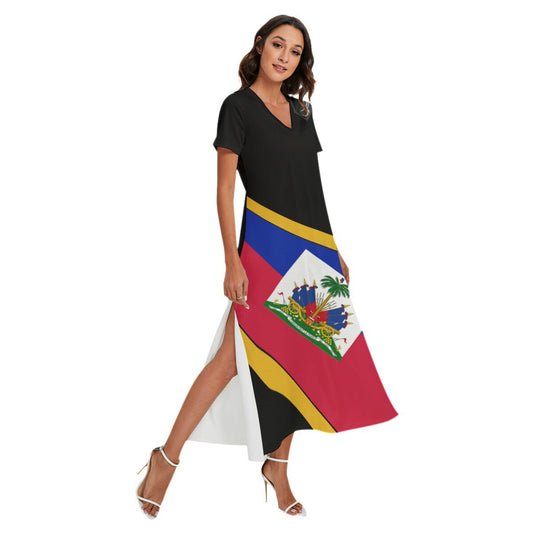 Haiti Flag Women's V-neck Dress With Side Slit
