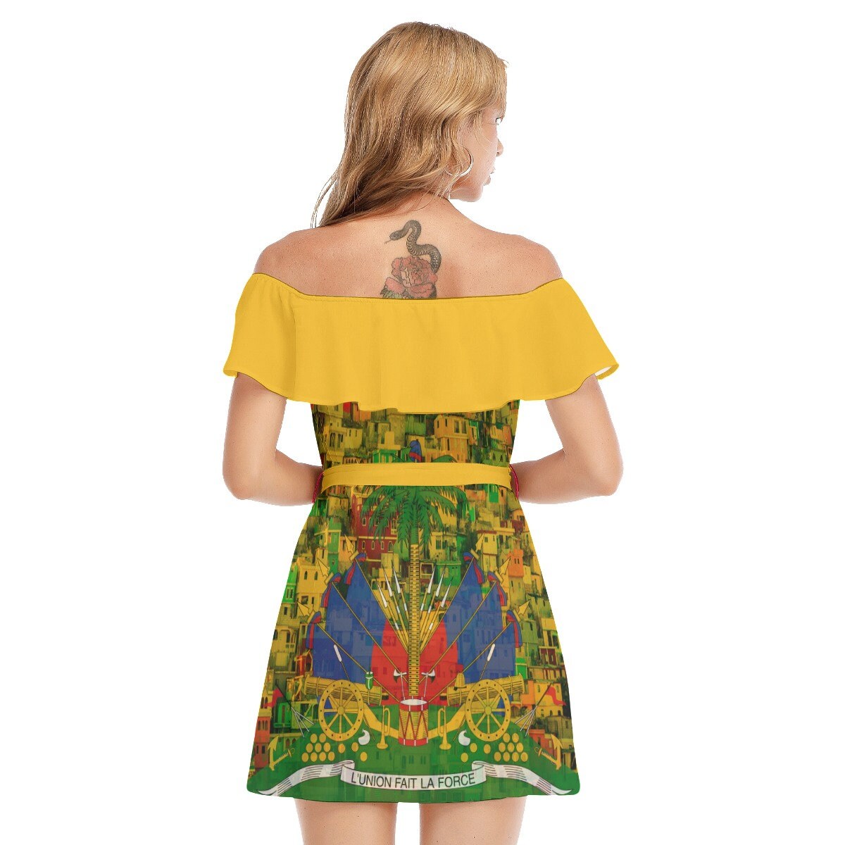 Haiti Beautiful Hillside Flag Yellow Women's Off-shoulder Dress