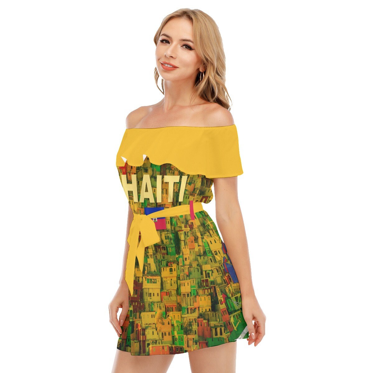 Haiti Beautiful Hillside Flag Yellow Women's Off-shoulder Dress