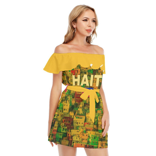 Haiti Beautiful Hillside Flag Yellow Women's Off-shoulder Dress