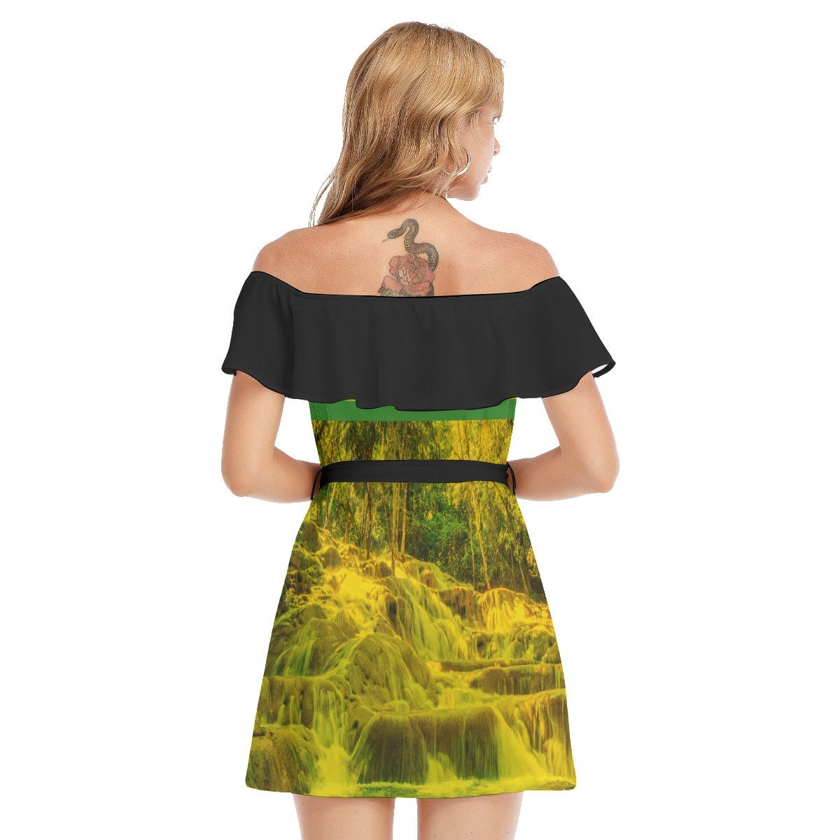 Jamaica Flag Dunn's River Falls Women's Off-shoulder Dress With Ruffle