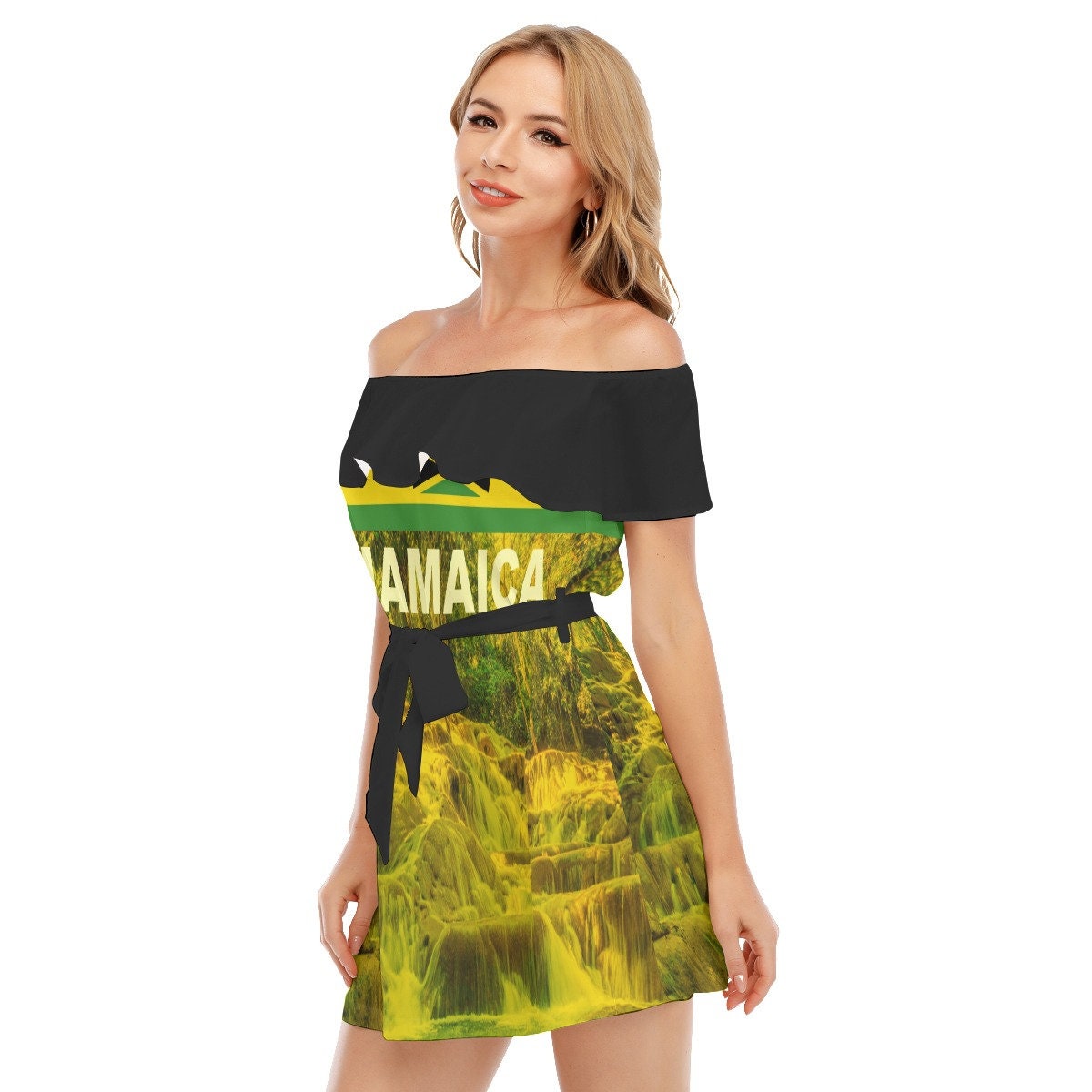 Jamaica Flag Dunn's River Falls Women's Off-shoulder Dress With Ruffle