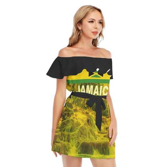 Jamaica Flag Dunn's River Falls Women's Off-shoulder Dress With Ruffle