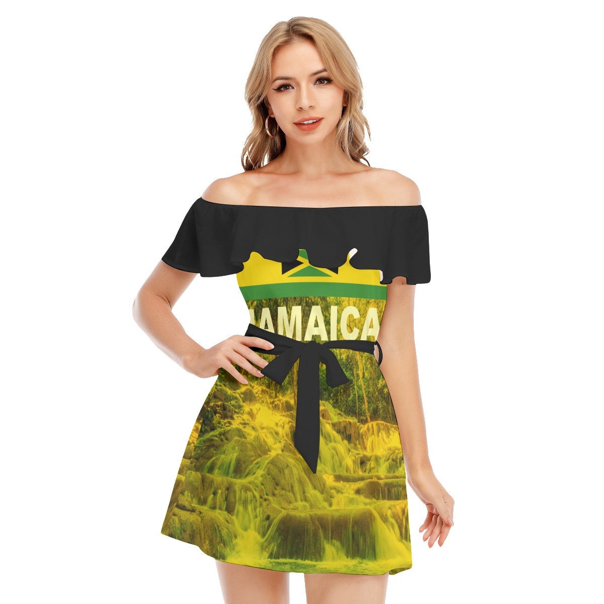 Jamaica Flag Dunn's River Falls Women's Off-shoulder Dress With Ruffle
