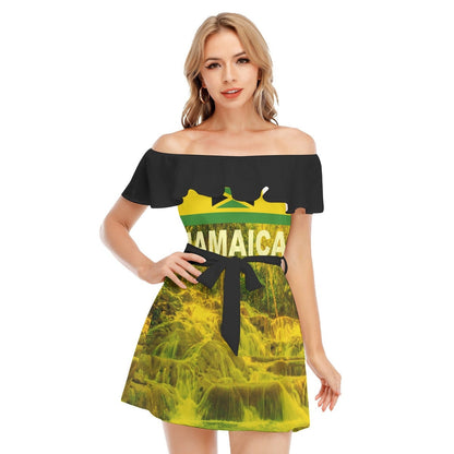 Jamaica Flag Dunn's River Falls Women's Off-shoulder Dress With Ruffle