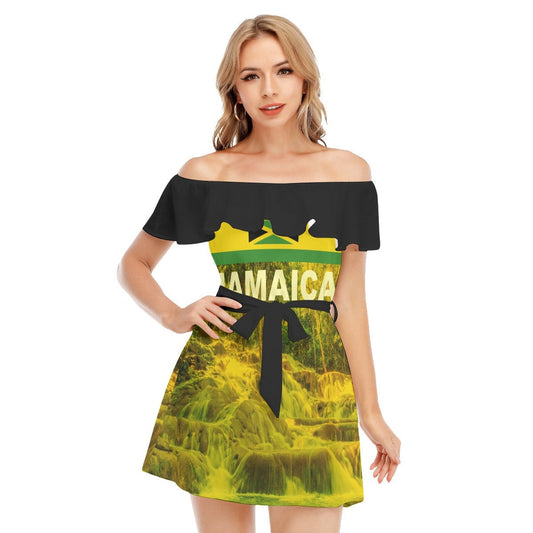 Jamaica Flag Dunn's River Falls Women's Off-shoulder Dress With Ruffle