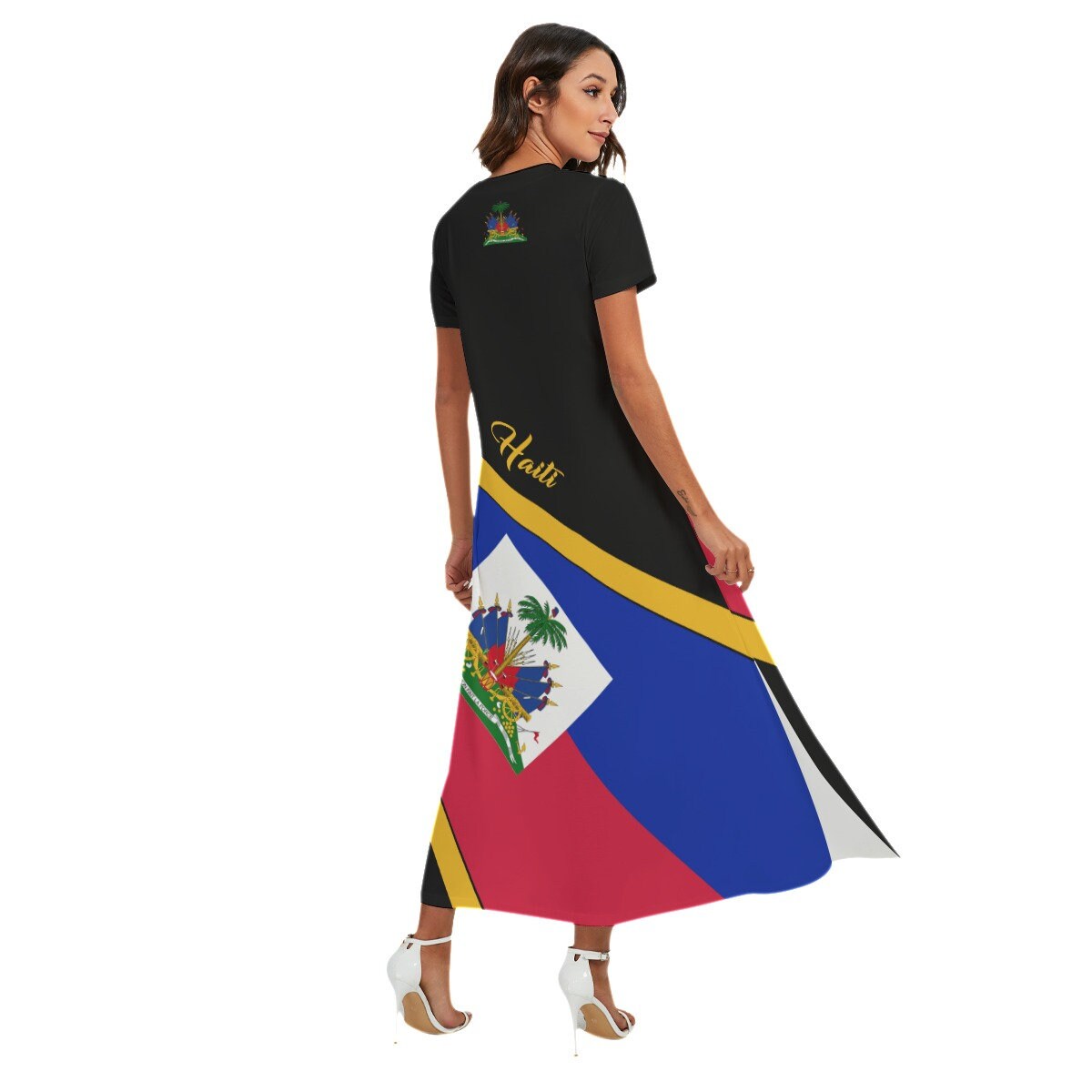 Haiti Flag Women's V-neck Dress With Side Slit