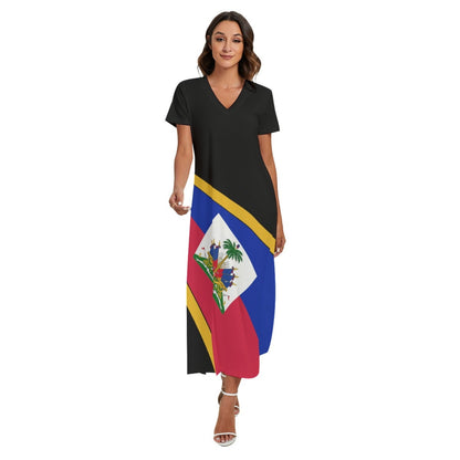 Haiti Flag Women's V-neck Dress With Side Slit