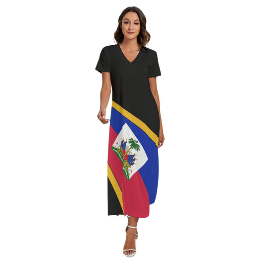 Haiti Flag Women's V-neck Dress With Side Slit