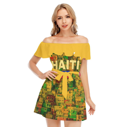 Haiti Beautiful Hillside Flag Yellow Women's Off-shoulder Dress