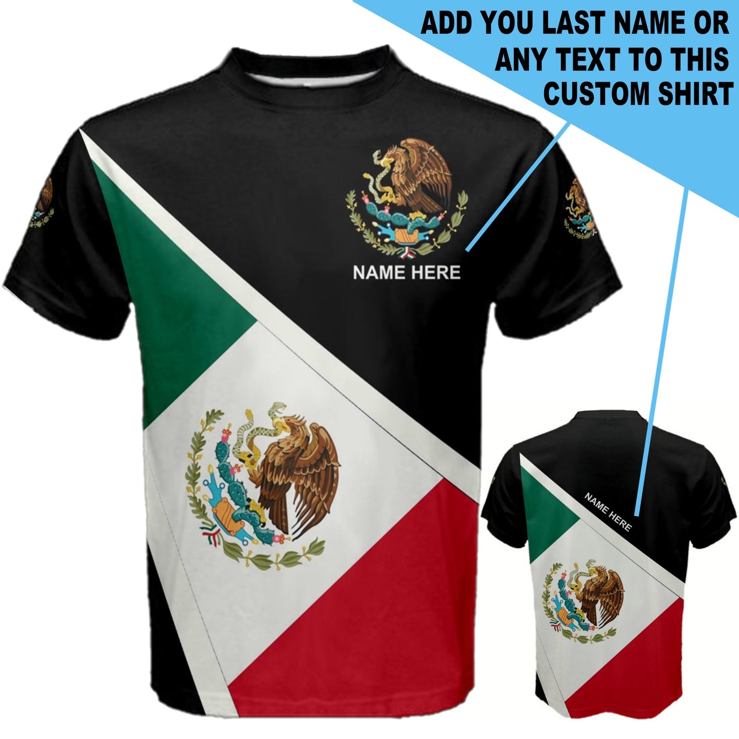 Custom Name Mexico Flag Coat of Arms Men's or Kids T-shirt